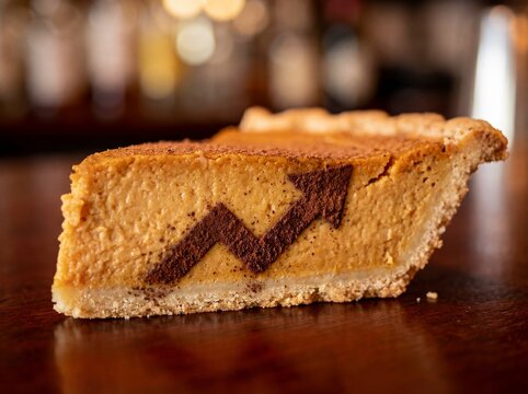 Slice of pumpkin pie with an upward arrow made of cocoa powder on a wooden table, symbolizing growth.