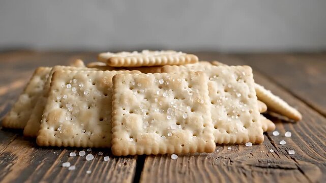 Crackers arranged on a rustic wooden table, showcasing texture and detail, captured from a close-up perspective.