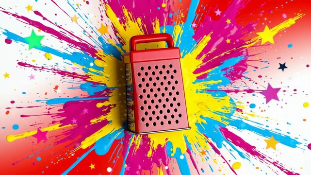 Vibrant red cheese grater in front of an explosive burst of colorful splashes and stars on a bright background