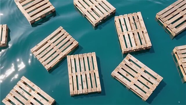 Wooden pallets floating on turquoise water reflecting sunlight, creating a serene and calm atmosphere engaged with unique textures and shapes