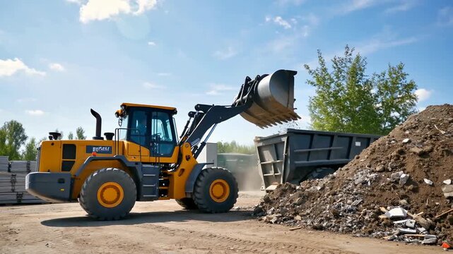 A yellow construction loader moving debris into a metal dumpster on a bright sunny day with a clear blue sky and green trees in the background