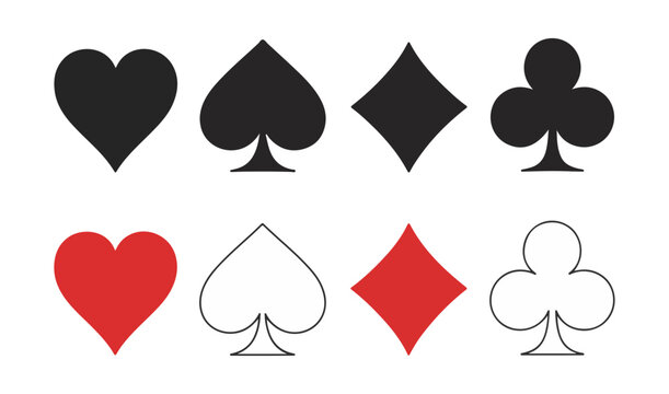 Playing card suit vector icons set including heart spade diamond and clubs in black and red color palette