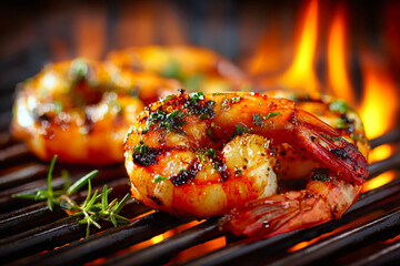 Shrimp grilled over open flames show vibrant color and texture, ideal for a summer cookout or restaurant menu, inviting appetite and interest
