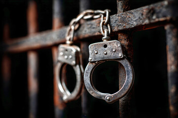 Handcuffs dangle from metal prison bars in a dark environment, capturing themes of confinement and the quest for freedom and political strength