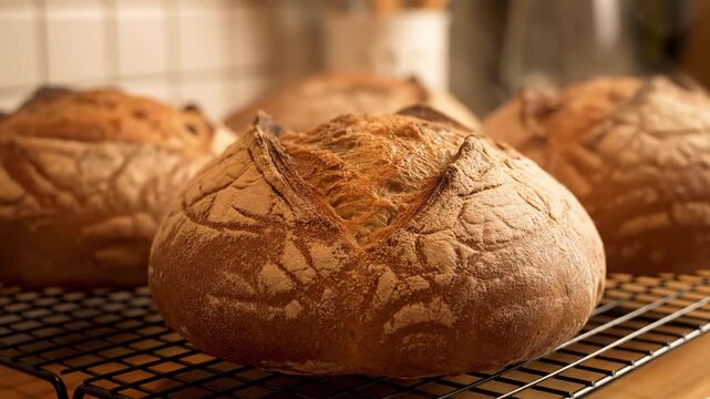 Freshly baked bread loaves with decorative crusts cooling on a wire rack in a kitchen environment