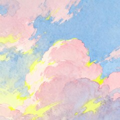 Obraz premium Vibrant Watercolor Cloudscape Dreamy Gaze Watercolor Portrait with Hopeful Skyward Glance in Uplifted Spirit in Painterly
