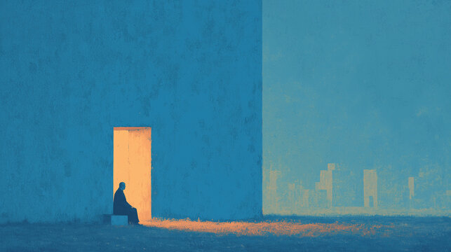 Lonely Old Man Sitting by Open Door in Minimal Urban Landscape