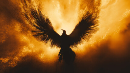 Silhouette of Phoenix Rising in Exploding Golden Light and Fire Mist