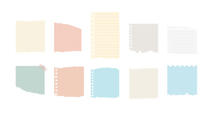 Collection of various torn paper sheets and notebook pages with lines and grids