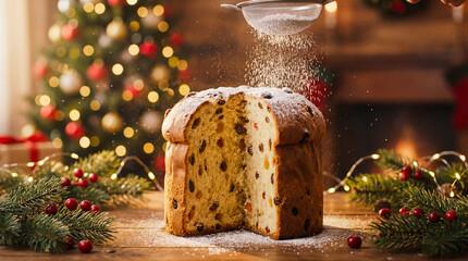Panettone cake on table being dusted with sugar slow motion christmas dessert commercial close up bakery advertisement background copy space