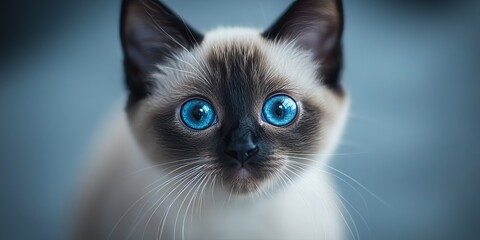 Charming Balinese Kitten Portrait with Bright Eyes and Expressive Face on Serene Gray Background