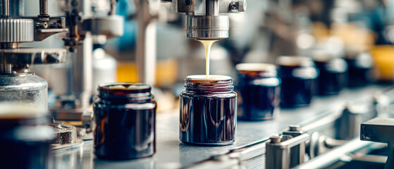 Machine pours cream into dark glass jars on a stainless steel line. Other jars sit nearby in a clean and bright factory environment