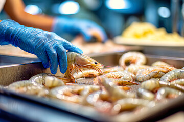 Hands in rubber gloves sort tiger shrimp from a stainless steel tank to metal trays for packing at a fish processing facility during bright conditions