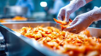 Workers gloved hands pick up and place large shrimp in a stainless steel container in a food processing plant with a conveyor belt and industrial equipment