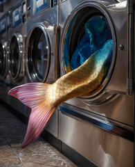 Naklejka premium Iridescent mermaid tail with shimmering gold and turquoise scales hanging out of an industrial washing machine in a laundrette.