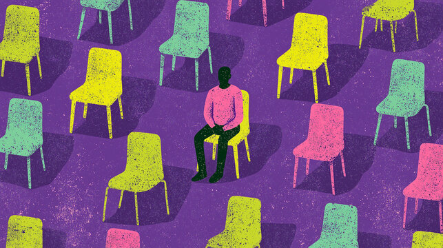 Lonely Man Sitting Alone Among Empty Chairs Concept