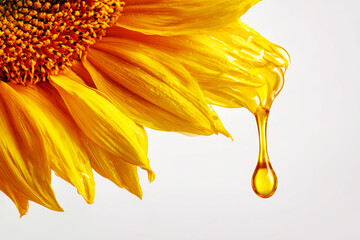 Sunflower with oil dripping from its petals shows the vibrant colors and textures of the flower in a close-up against a white background in studio light