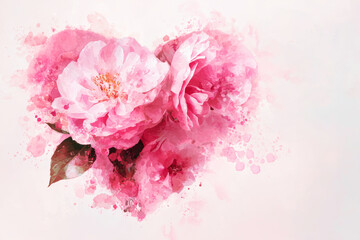 Soft pink flowers form a heart shape against a light background, perfect for Valentine's Day cards with space for text. Watercolor style adds a unique touch