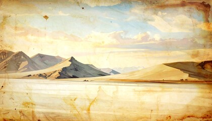 A serene desert landscape with mountains and a body of water