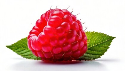 Fresh Ripe Raspberry with Green Leaves.