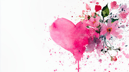 A pink heart made of watercolor splashes and flowers on a light background with space for text on the right, great for Valentine's Day designs
