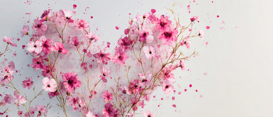 Wildflowers painted in soft pink create a heart shape with watercolor splashes on a light background, perfect for Valentine's Day greetings and designs