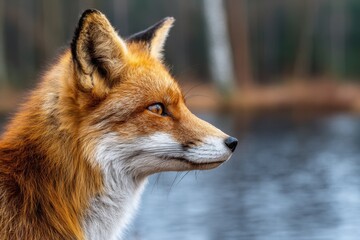 Obraz premium Profile shot of a red fox amid a spring landscape with water and forest Fox portrait