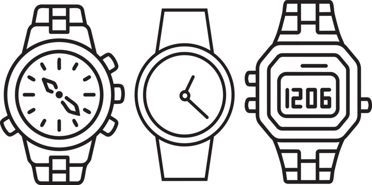 Stylized Wristwatch Icons &ndash; Analog Chronograph, Minimalist Dial, and Digital Time Display in Line Art