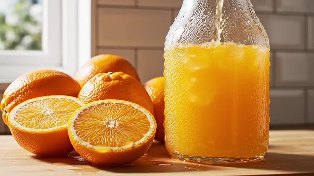 Freshly squeezed orange juice being poured into a glass bottle on a wooden table near oranges and a sunny window