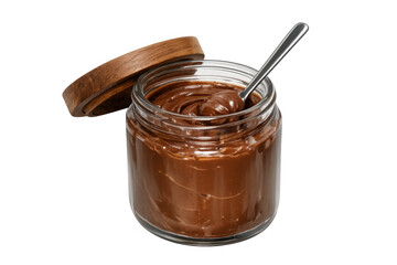 Chocolate hazelnut spread jar with metal spoon on a transparent background, depicting sweet dessert and indulgence