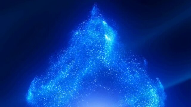 Abstract blue particle wave forming a triangular shape. Represents digital technology, innovation, and futuristic design