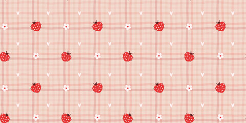 Cute ladybird seamless background with flower, gingham texture, and playful floral details. Ideal for kids textiles, wrapping paper, and kawaii stationery © alia.kurianova
