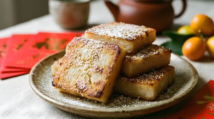 Delicious fried rice cakes served on a plate with tea, fruits, and red envelopes during a celebration in a cozy setting Generative AI