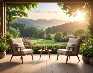 Obraz premium Serene outdoor seating area with breathtaking mountain view