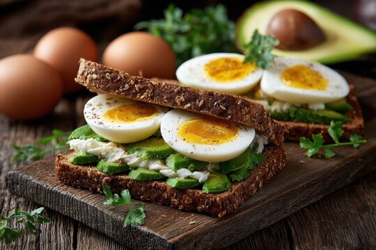 Rustic wood backdrop featuring a fresh sandwich with avocado egg and whole wheat bread Nutritious meal with organic veggies