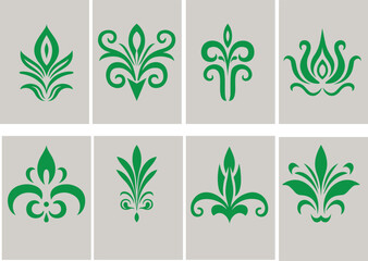 Fleur De Lis Icon Set Isolated. Fleur-de-lis emblem Vector Vintage White and Black outline icon. traditional medieval heraldry symbol. © MR background