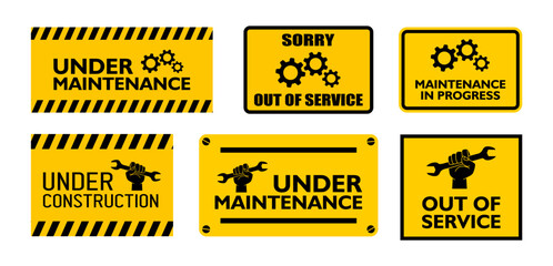 Collection set vector of under construction sign, out of service sign, maintenance in progress sign, and under maintenance sign in.