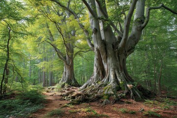 Protected Granitz forest in southeast Ruegen Germany features ancient beeches in Blieschow Mecklenburg Western Pomerania spanning 982 hectares