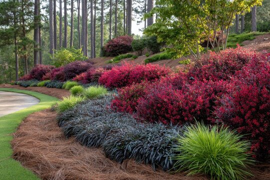 Ruby Loropetalum Kaleidoscope Abelia Soft Touch Holly and Silvery Sunproof Liriope arranged with new pine straw
