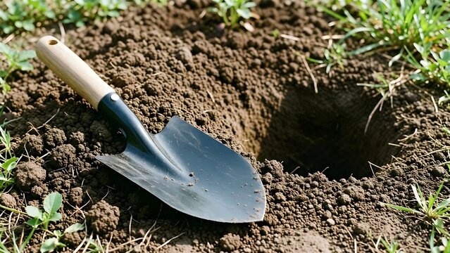 Garden shovel resting beside freshly dug soil hole in backyard  