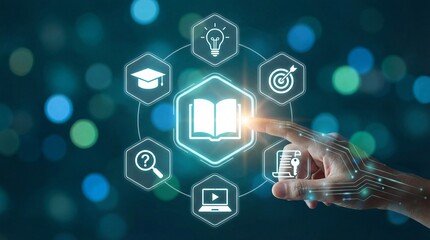 Person interacting with digital education icons on a futuristic interface with glowing symbols