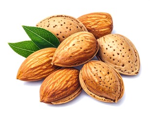 Close-up of Almonds with Green Leaves on White Background.