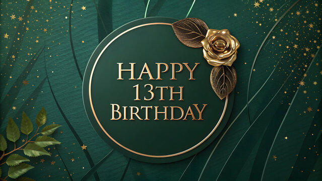Happy 13th birthday greeting with elegant green floral circular design