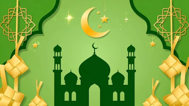 Eid Mubarak green background with mosque silhouette, crescent moon and ketupat ornaments