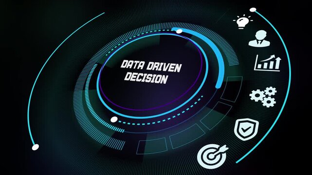  Executive making a data driven decision based on complex information architecture and real-time business intelligence icons.