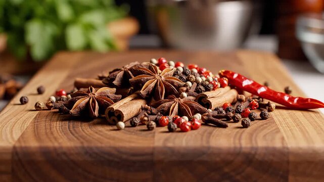 Assorted spices and peppers arranged on a wooden chopping board with blurred kitchen background