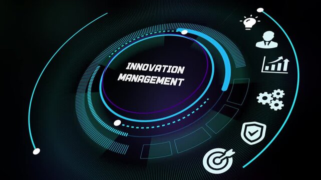  Creative director overseeing innovation management using interactive technology and collaborative research and development icons on screen.
