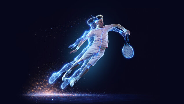 Tennis athlete airborne with glowing digital body trail over dark background. Concept of reaction speed, smart sports training, motion capture, development and futuristic performance visualization.