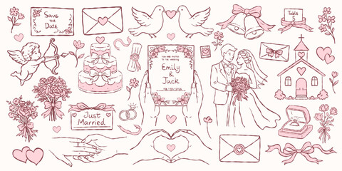 Hand drawn wedding love elements set