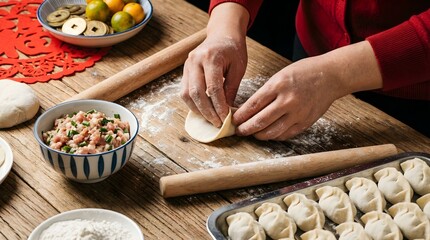 Hands prepare dumplings on wooden kitchen table with filling and dough in view during cooking session at home in evening Generative AI